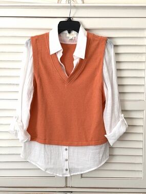 Los Angeles Apparel Orange V-Neck Knit Vest Layered Over White Shirt Medium Lg